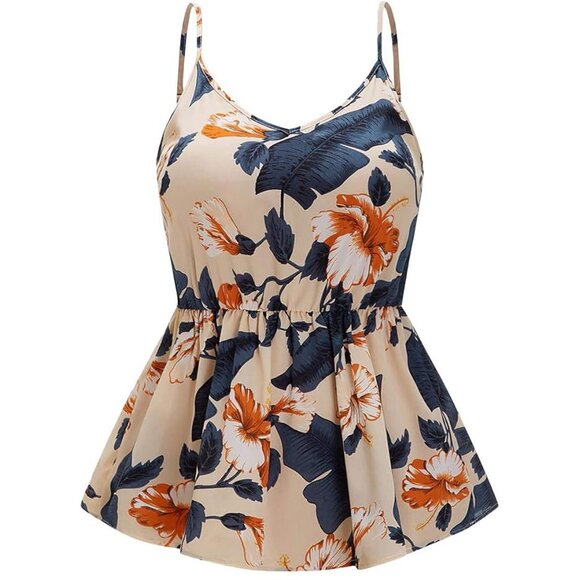 MakeMeChic Top Sz XL Blue Multicolor Tropical Babydoll Cami Blouse Floral Chic - Picture 1 of 4